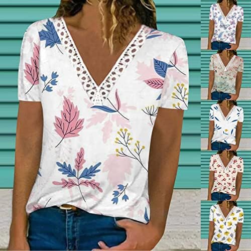 Ženske ljetne košulje 2023 Odjeljni casual vrhovi grafički print majice čipka obloga v vrat T majice labave fit tunic bluza