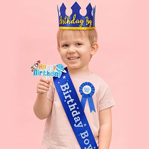 Plavi šešir s krunom za rođendanskog dječaka, remen za rođendanskog dječaka i igle za gumbe za djecu, Topper za torte-ukrasi za rođendanske