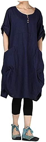 Ženska lanena košulja haljina tunika okrugli vrat kratki rukav labavi harajuku solidne estetske haljine za žene vintage midi haljina