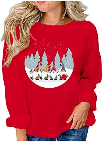 Wozvali ženski veseli božićni trenir za retro grafički tiskani dukseri s dugim rukavima vrat vrat casual xmas pulover vrhovi