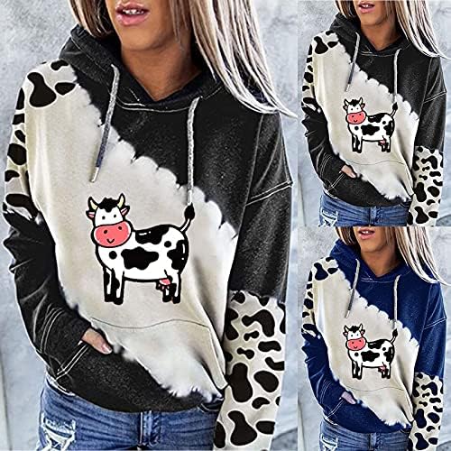 Slatka krava kapuljača za ženske boje Blok Twishirts s džepom dugih rukava pulover vrhovi s kapuljačama s kapuljačom