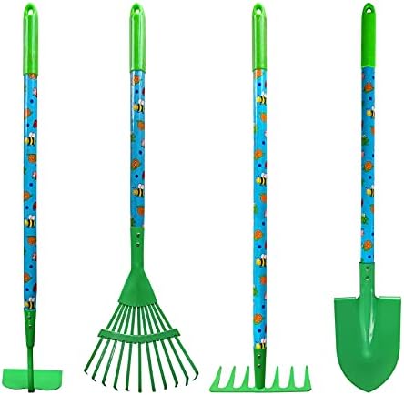 Oprema za dječji vrtni alat s lopatom, grabljama, motikom i grabljama za sakupljanje lišća-4– dijelni Dječji Vrtni alat sa zelenom