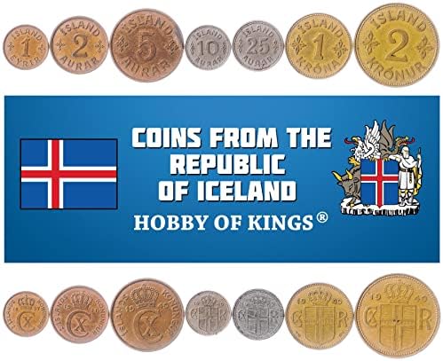 7 kovanica s Islanda | Kolekcija set kovanica Icelander 1 Eyrir 2 5 10 25 Aurar 1 2 Krur | Cirkulirano 1922-1942 | Monogram kralja