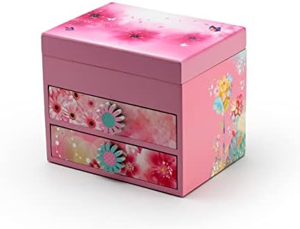 Ružičasta drvena cvjetna tema, Glazbena Kutija s rotirajućom balerinom od 18 nota-puno pjesama koje možete izabrati-O ' O ' O