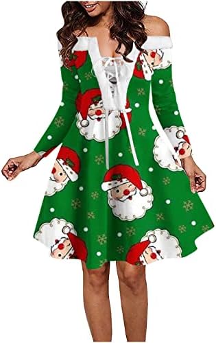 Žene s cijevi od ramena haljina žene božićne haljine snježna pahuljica print tunična haljina čipkasta baršunasta ukrasna haljina