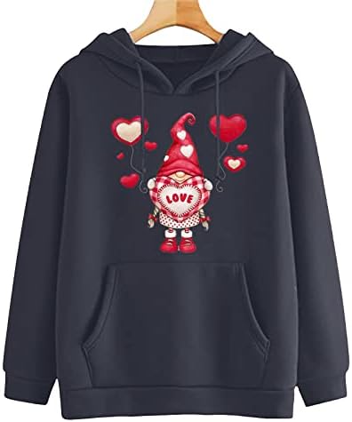 Ljubavna predimenzionirana dukseva, ženske valentinske kapuljače pulover vrhovi slatki gnomi srce dugi rukavi majice s džepom