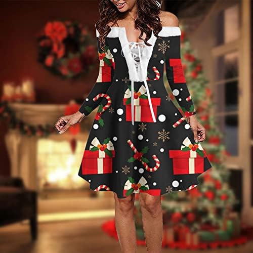 Žene s cijevi od ramena haljina žene božićne haljine snježna pahuljica print tunična haljina čipkasta baršunasta ukrasna haljina