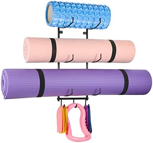 Držač joga prostirke zidni nosač, stalak za odlaganje joga prostirke, s 3 kuke za vješanje trake za jogu, trake otpora, 3 sekcijska