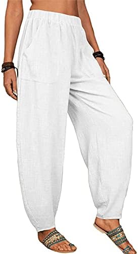 Pamučne lanene hlače Women Summer Harem Capris hlače labave fit plaže joge hlače visoke elastične struke duge hlače s džepovima