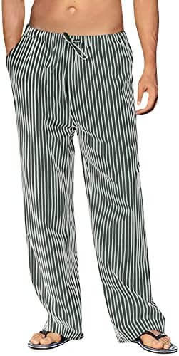 Posteljine hlače muškarci, muške ležerne pamučne platnene hlače prugasti tiskani elastični struk Lagano ljeto Slim Fit Yoga Beach hlače