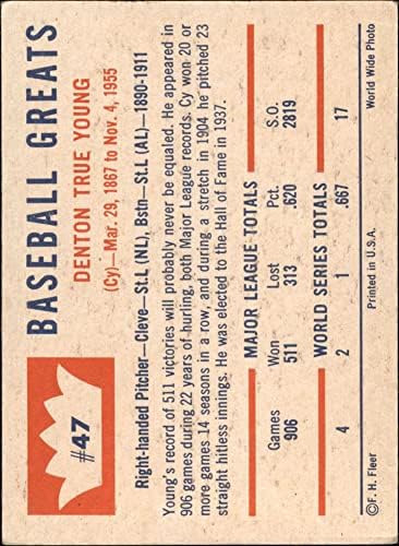 1960. Fleer 47 Cy Young Boston Red Sox/Indijanci vg Red Sox/Indijanci
