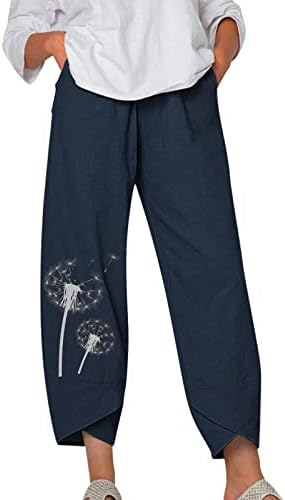 Povremene Capri hlače za žene Ljetna pamučna posteljina Capri Caprila Solid Color Ravna noga vrećice s džepovima s džepovima