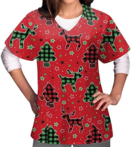 Pilingi za žene ležerna radna uniforma s izrezom u obliku slova u i kratkim rukavima, pulover s božićnim printom, bluza s džepom, tunika,