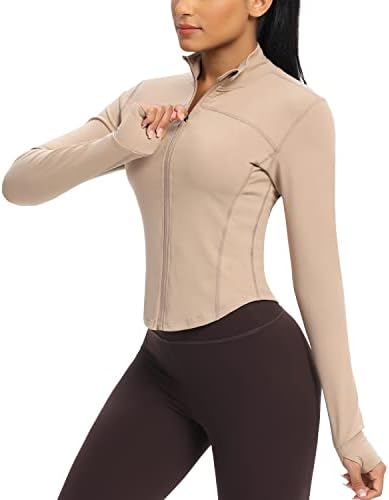 Queenieke ženska jakna za vježbanje lagana puna jakna s patentnim zatvaračem vitka fit joga obrezana vrhova s ​​rupama palca