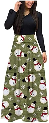 Ženske xmas snježne pahuljice print maxi haljina casual creveck tunika haljina božićna dugih rukava visoki struk duge festivalske haljine