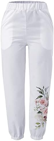 Posteljine hlače za žene casual cvjetni print konusne hlače s džepovima vintage elastični struk labave hlače na plaži