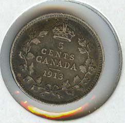Kanadski srebrni novčić kovan 1913. pet centi kralj George v km22